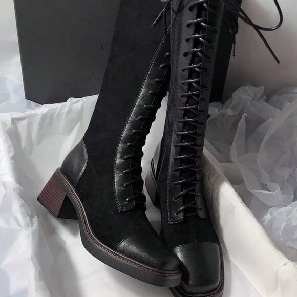 Black Elegant Women's Slim Fit Lace-Up Thigh High Boots with Chunky Square Heel - Picture 1 of 4